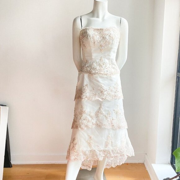 Jade Daniels Ivory Pink Beaded Lace Accent Strappless High Low Dress M - Picture 3 of 10